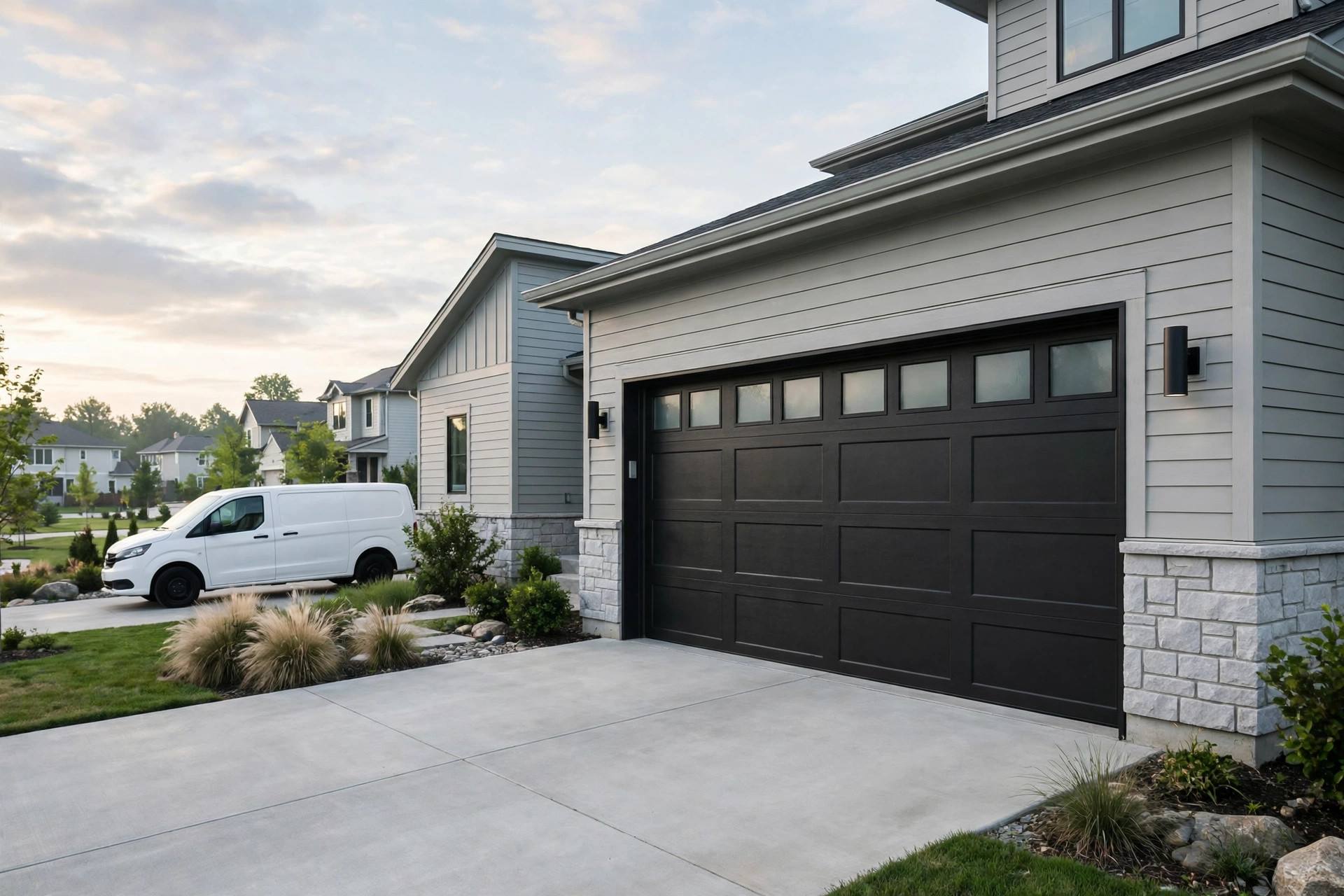 Residential garage with a closed sectional door, representative image
