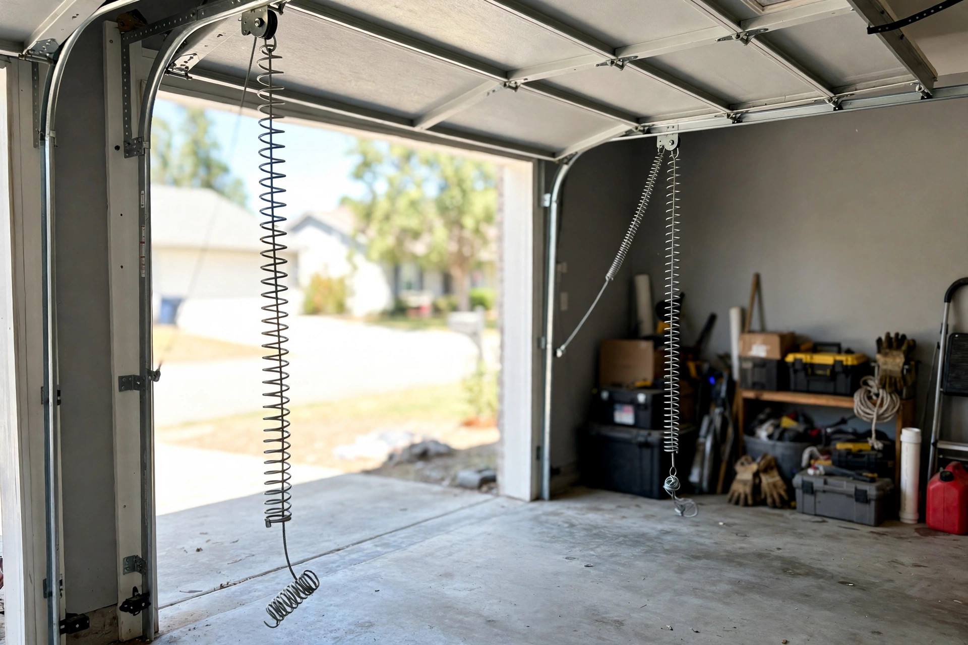 Extension springs along a garage door side track, representative image