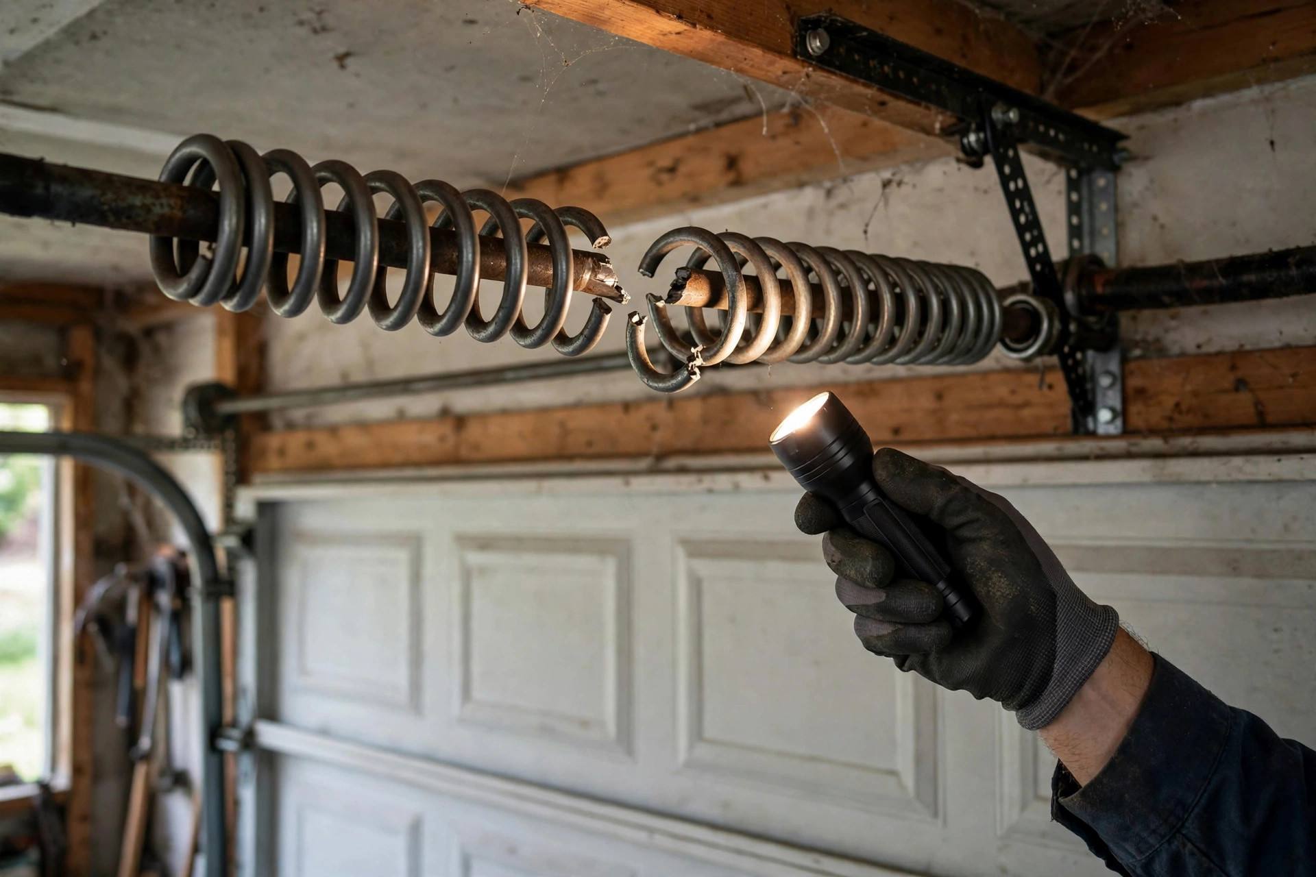 Broken torsion spring above a garage door, representative image