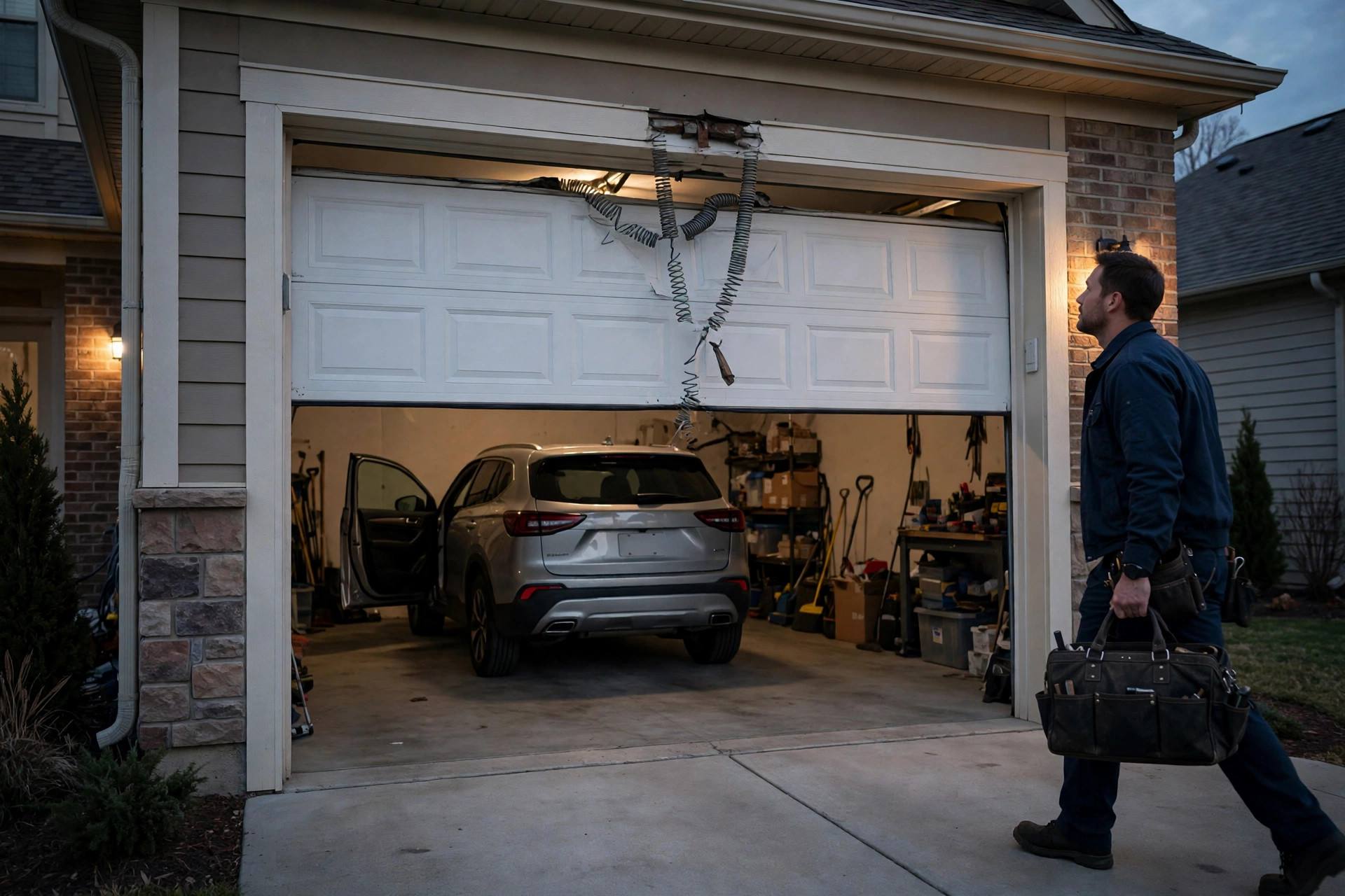 Garage door stuck halfway with a car inside, representative image