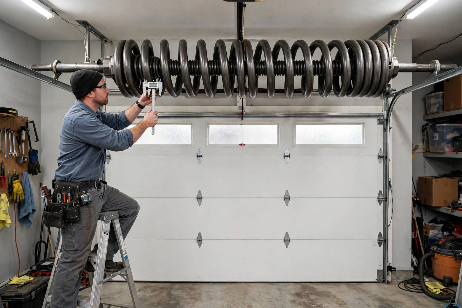 Heavy-duty high-cycle torsion spring above a double garage door, representative image