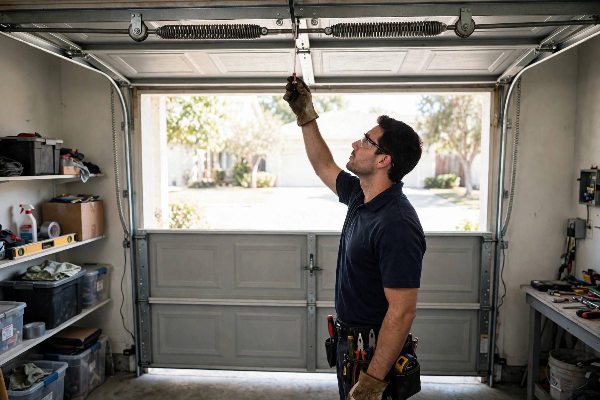 Garage door held halfway open during a balance test, representative image