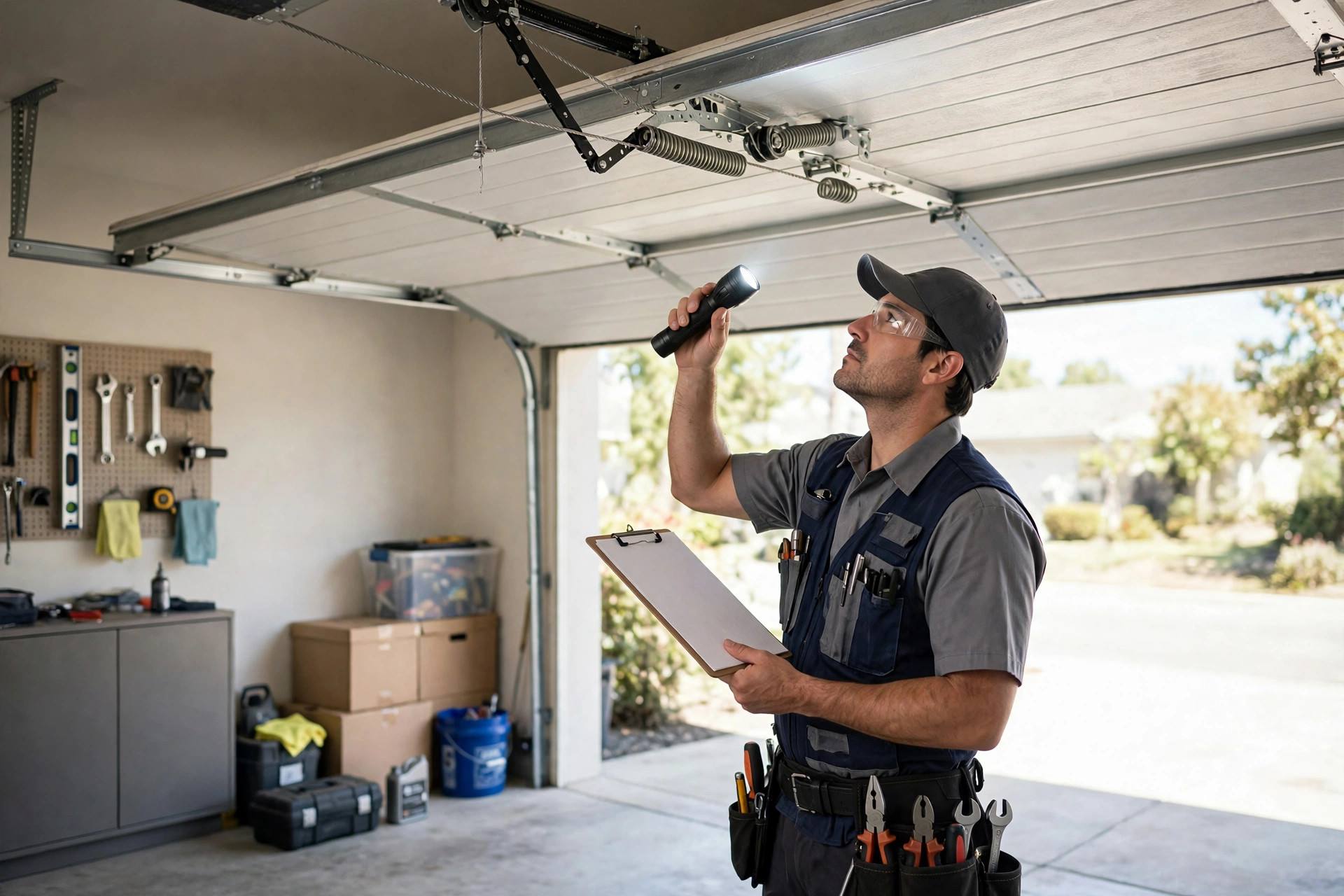 Technician inspecting garage door springs and cables, representative image